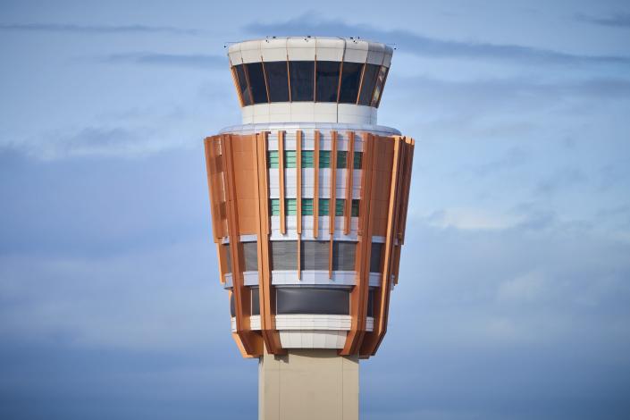 The air traffic control tower at Phoenix Sky Harbor International Airport is shown on Feb. 13, 2023.