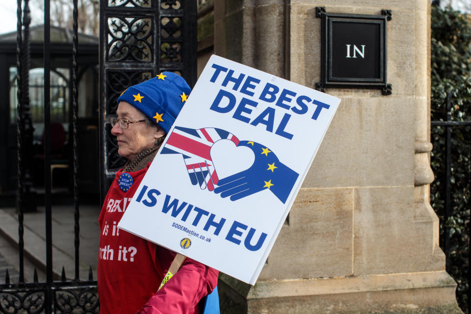 Down to the wire: Anti-Brexit protesters demonstrate outside the Houses of Parliament in Westminster on January 29, 2019 in London, England. Photo: Jack Taylor/Getty Images