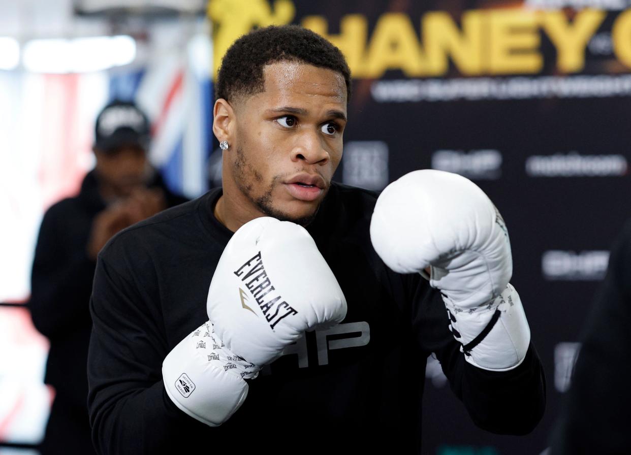 WBC Super Lightweight Champion Devin Haney throws a punch during a workout at Wild Card Boxing Club in Los Angeles on April 5 to promote his upcoming title defense against Ryan Garcia.