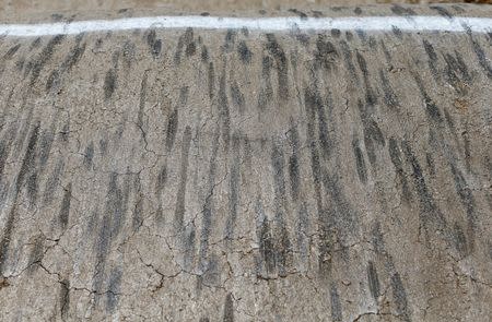 The landing marks from the tires of BMX bikes are shown on the training track at the Olympic Training Center in Chula Vista, California, United States, July 1, 2016. REUTERS/Mike Blake