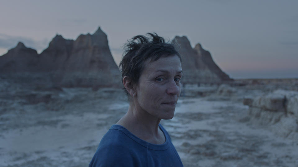 Frances McDormand as Fern in the desert in Nomadland