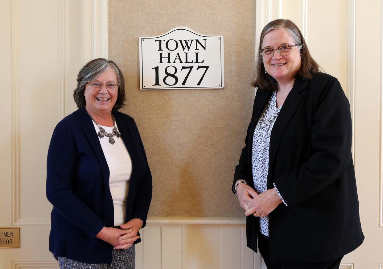 Karen Anderson, left, is retiring from Hampton Falls town administrator and tossing the baton to Rachel Webb.