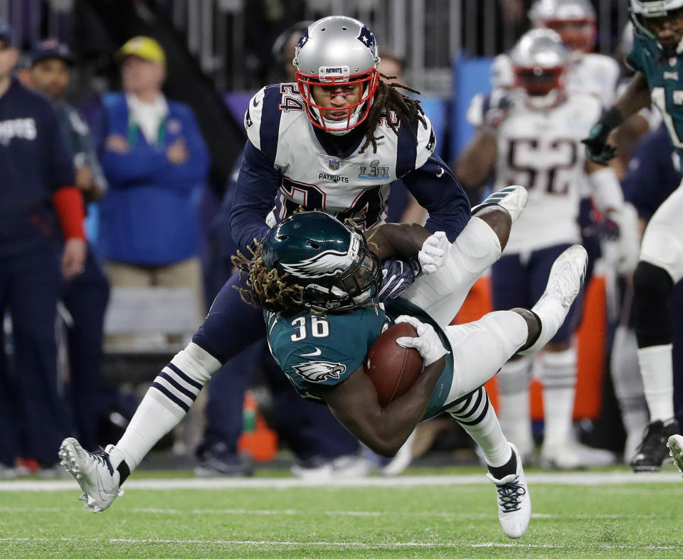<p>Philadelphia Eagles’ Jay Ajayi (36) is stopped by New England Patriots’ Stephon Gilmore during the first half of the NFL Super Bowl 52 football game Sunday, Feb. 4, 2018, in Minneapolis. (AP Photo/Matt Slocum) </p>