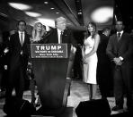 <p>Donald Trump poses with his family, including son-in-law Jared Kushner, daughter Ivanka, wife Melania and son Donald Jr., at a campaign event where he unofficially became the party’s presumptive nominee on May 3 in New York. (Photo: Holly Bailey/Yahoo News) </p>