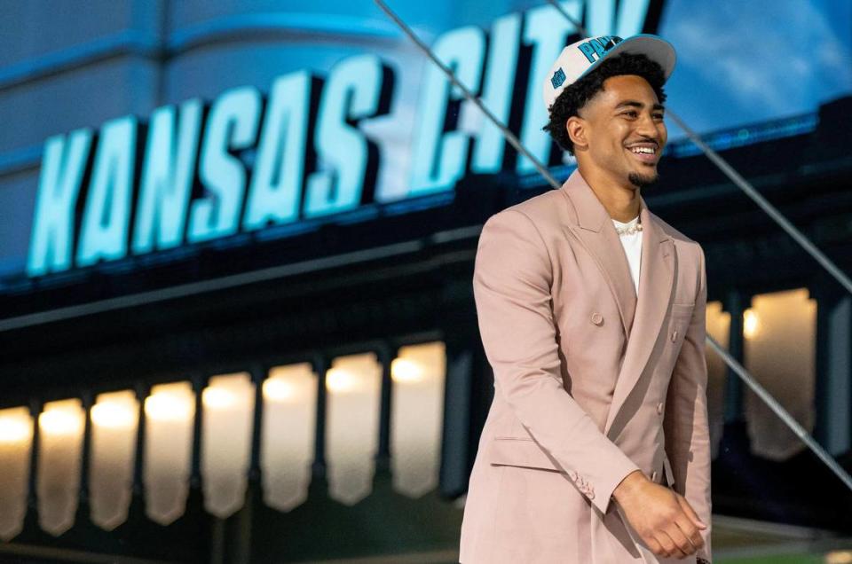 Alabama quarterback Bryce Young walks on stage after being picked first overall by the Carolina Panthers during the NFL Draft outside of Union Station on Thursday, April 27, 2023, in Kansas City.
