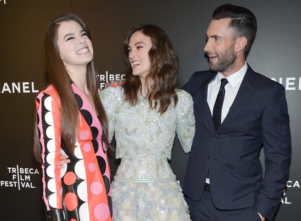 Cast members Hailee Steinfeld, left, Keira Knightley and Adam Levine attend the premiere of "Begin Again" during the Tribeca Film Festival on Saturday, April 26, 2014, in New York. (Photo by Evan Agostini/Invision/AP)