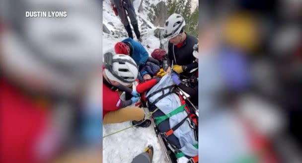 PHOTO: Rescuers retrieve Tim Thompson on Dec. 26, 2022, after he survived a 40-foot fall while ice climbing near Utah's Bridal Veil Falls. (NewNation)