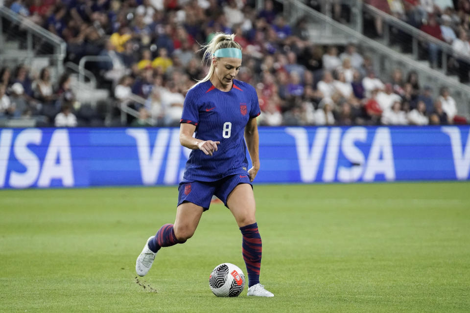 United States' Julie Ertz controls the ball during the first half of the team's international friendly soccer match against South Africa, Thursday, Sept. 21, 2023, in Cincinnati. (AP Photo/Joshua A. Bickel)