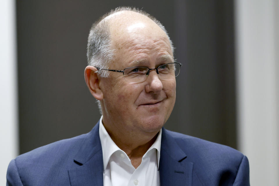 FILE - WTA Chairman and CEO Steve Simon sits for an interview during the WTA Finals tennis tournament in Fort Worth, Texas, Tuesday, Nov. 1, 2022. The women’s professional tennis tour is ending its suspension of tournaments in China that was initiated in late 2021 over concerns about Grand Slam doubles champion Peng Shuai’s well-being. The WTA announced Thursday, April 13, 2023, that it will return to competition in China this season, even though two of its key requests were never met: a chance to meet with Peng, and a thorough, transparent investigation of her sexual assault accusations against a high-ranking Chinese government official. (AP Photo/Tim Heitman, File)