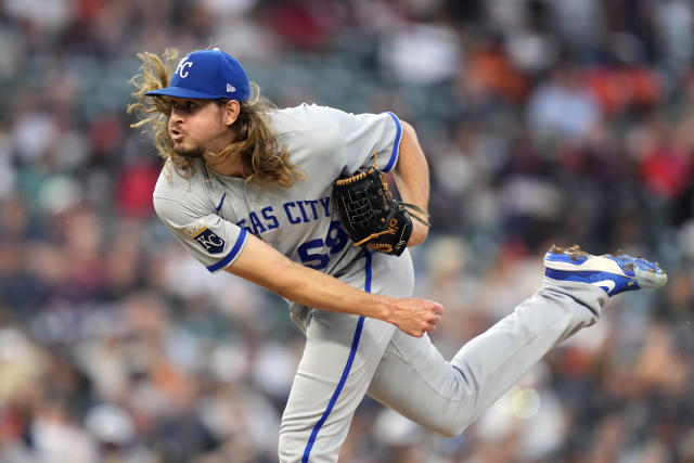 Kansas City Royals' Matt Beaty runs to first base after hitting a single  against the Los Angeles Angels during the eighth inning of a baseball game,  Sunday, June 18, 2023, in Kansas