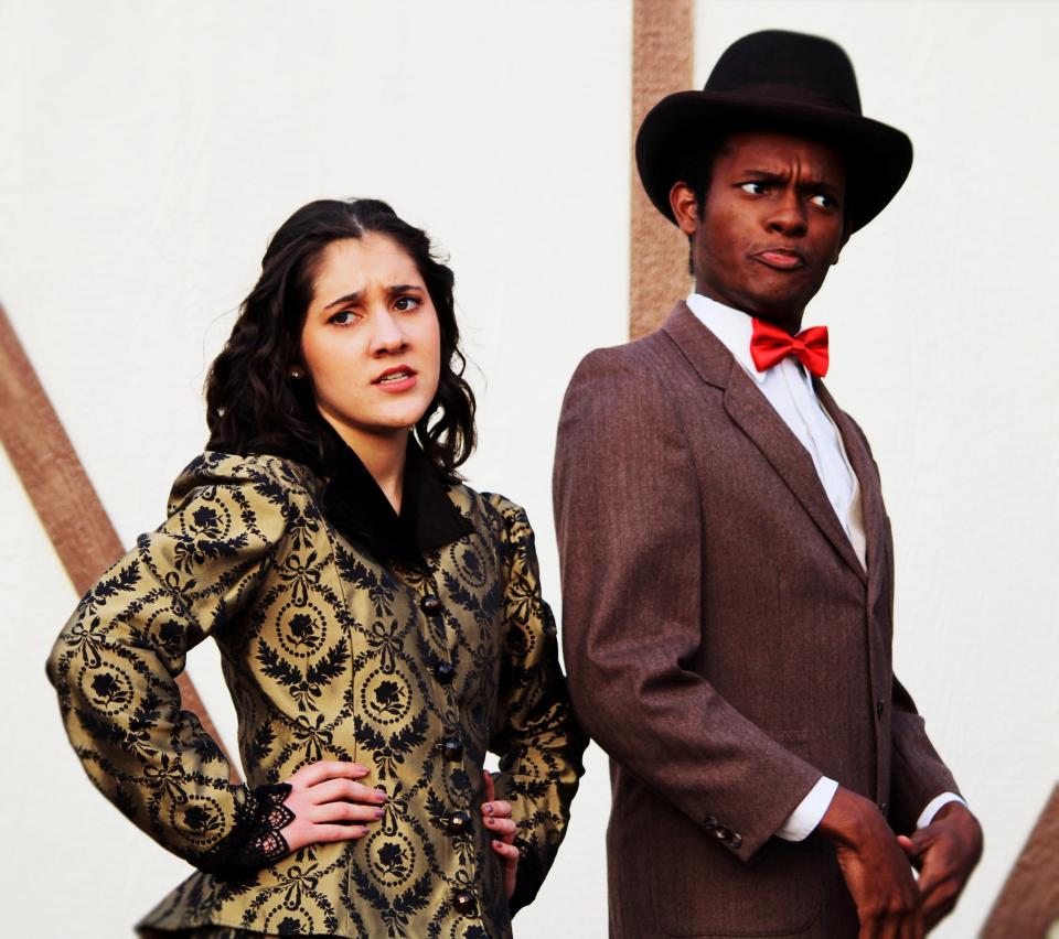 From left, Sophia Boyer plays Celia and Cameron Brown plays Touchstone in Oklahoma Shakespeare in the Park's spring production of "As You Like It."