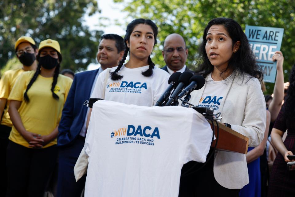 Indira Islas, an activist with Dreamer & TheDream.US speaks at a news conference to mark the 10th anniversary of the "Deferred Action for Childhood Arrivals" (DACA) at the U.S. Capitol on June 15, 2022 in Washington, D.C.