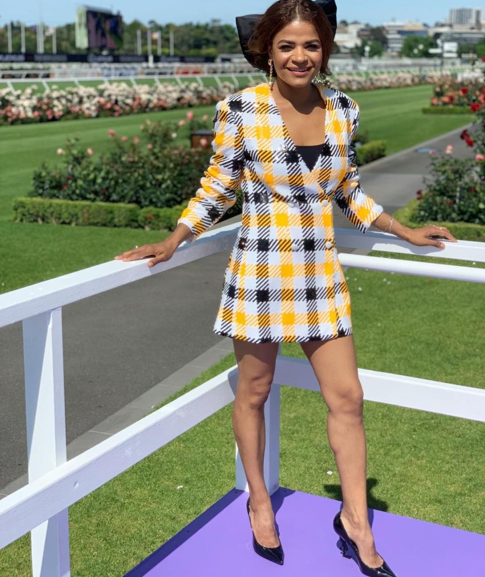 Style expert Victoria Latu in a check blazer dress by Rotate. Photo: Instagram/talking.shop.