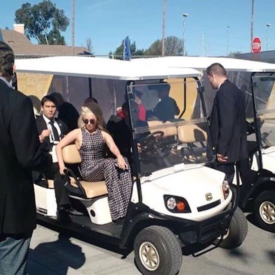 On the day of the game, national anthem singer Lady Gaga gave a peek at the behind-the-scenes prep for her big performance. “#SB50 my ride is here!” she explained. (Photo: Instagram)