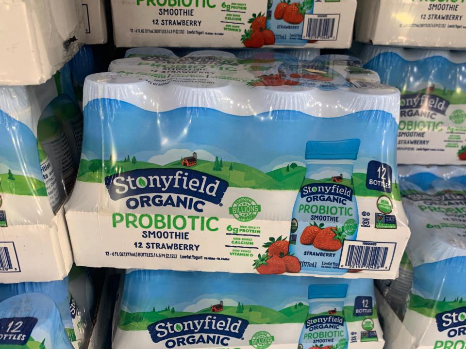 blue, white, and green packs of storyfield oragnic probiotic smoothies at costco