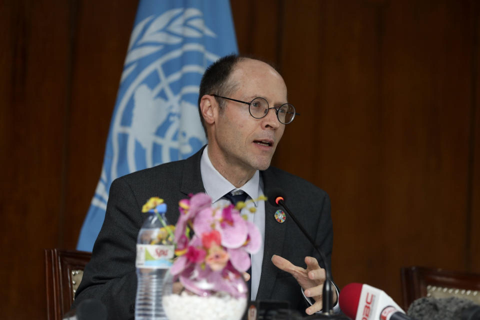 Olivier De Schutter, U.N. special rapporteur on extreme poverty and human rights addresses a press conference in Dhaka, Bangladesh, Monday, May 29, 2023. (AP Photo/Al-emrun Garjon)