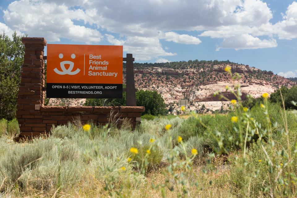 A sign at the entrance to Best Friends Animal Sanctuary in Kanab on Thursday, July 27, 2023.