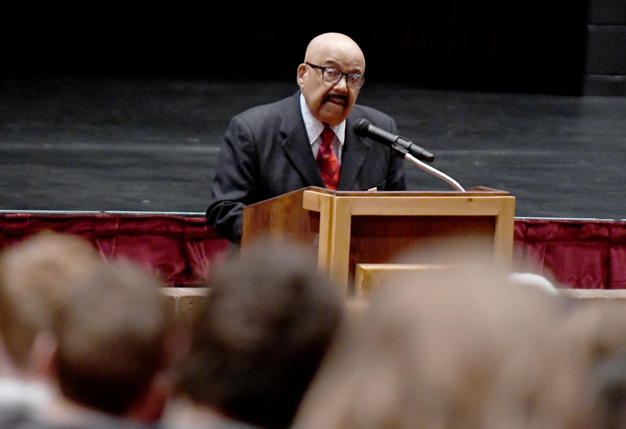 Professor and author Edward W. Grier speaks to students at Washington High School in 2020 when he was chosen as one of the Washington High School Alumni Distinguished Citizens.