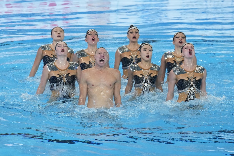 United States team compete in the mixed team acrobatic final of artistic swimming at the World Aquatics Championships in Doha, Qatar, Sunday, Feb. 4, 2024. (AP Photo/Lee Jin-man)