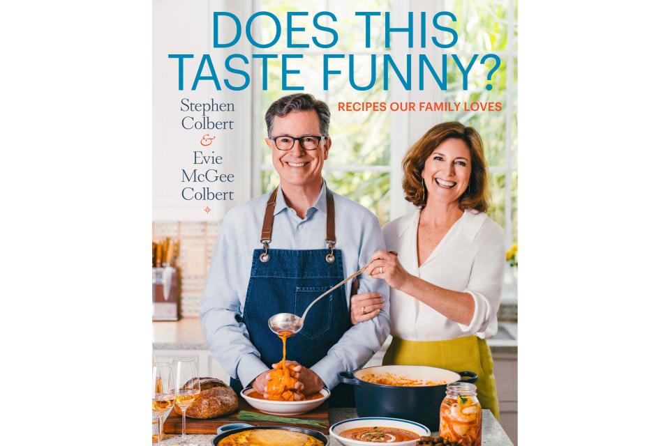 This image released by Celadon Books shows "Does This Taste Funny? Recipes Our Family Loves" a cookbook by Stephen Colbert and his wife, Evie McGee Colbert. (Celadon Books via AP)