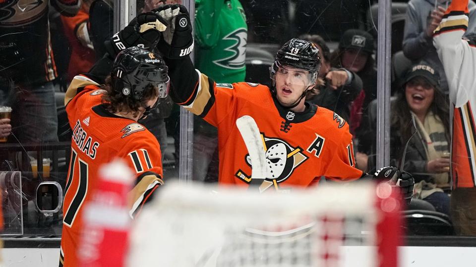 Anaheim Ducks right wing Troy Terry, right, celebrates his goal with center Trevor Zegras during the first period of an NHL hockey game against the Washington Capitals Wednesday, March 1, 2023, in Anaheim, Calif. (AP Photo/Mark J. Terrill)