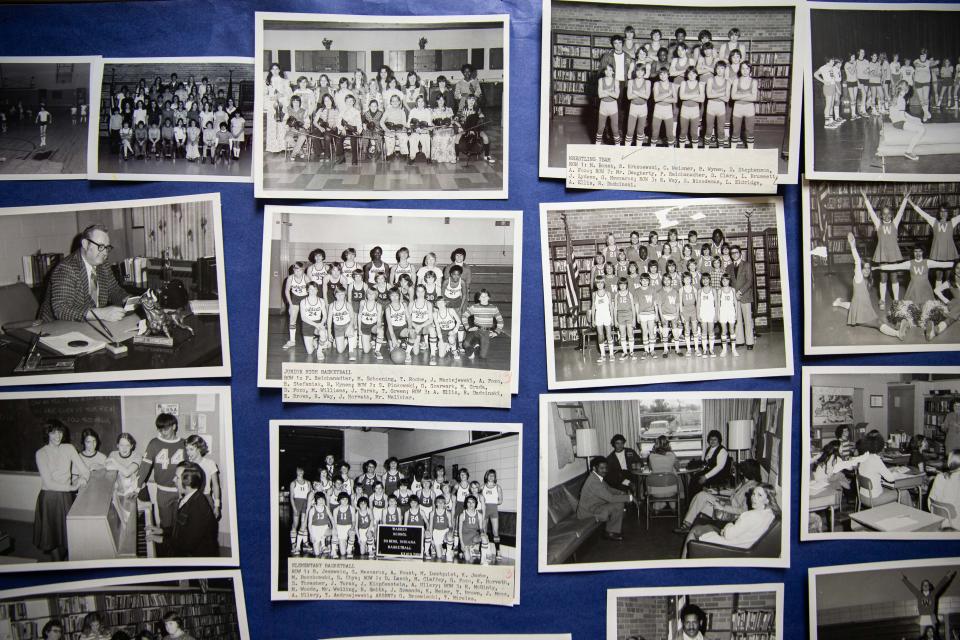 Historical photos of Warren Elementary School staff and students are displayed in the halls of Warren on Tuesday, May 14, 2024. The school is set to close this summer after a South Bend school board vote last year.
