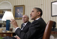 FILE - In this Dec. 1, 2010 file photo, President Barack Obama talks with reporters after his meeting with former Secretary of State Colin Powell, left, on the importance of ratifying the New START Treaty, in the Oval Office at the White in Washington. Powell, former Joint Chiefs chairman and secretary of state, has died from COVID-19 complications. In an announcement on social media Monday, the family said Powell had been fully vaccinated. He was 84. AP Photo/J. Scott Applewhite)