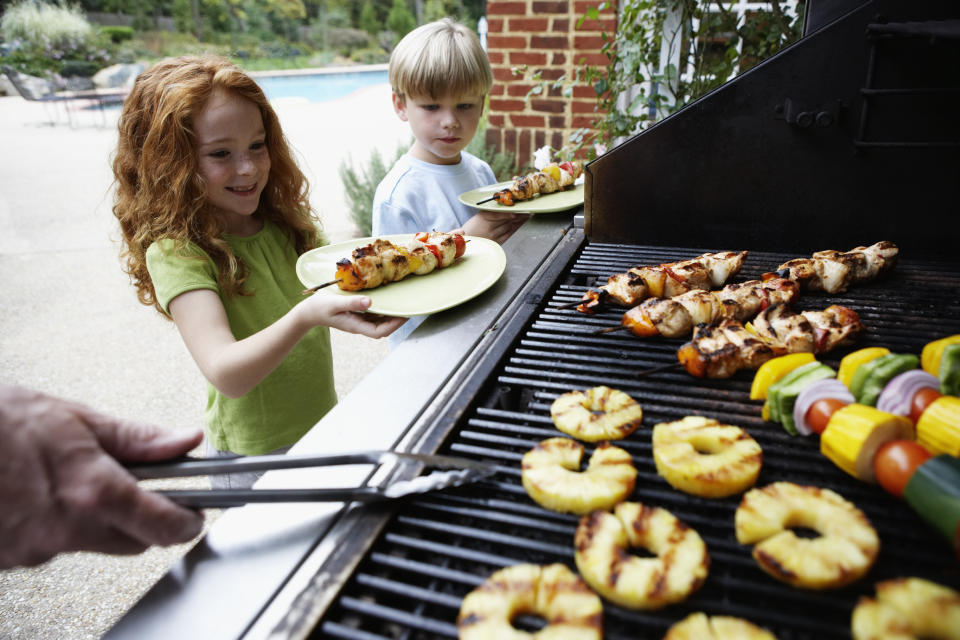 Two young children are served kebabs from a barbeque in Potomac, Maryland, USA, with grilled pineapple and vegetable skewers in the background.