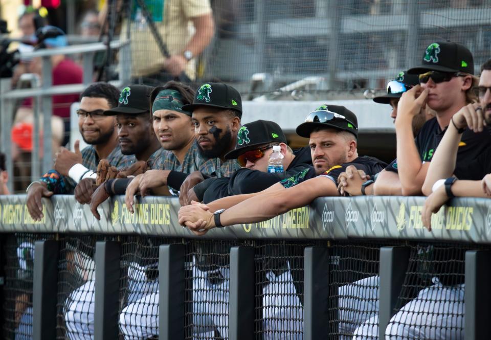 The Emeralds dugout watches during a game against Spokane on July 27 at PK Park in Eugene.