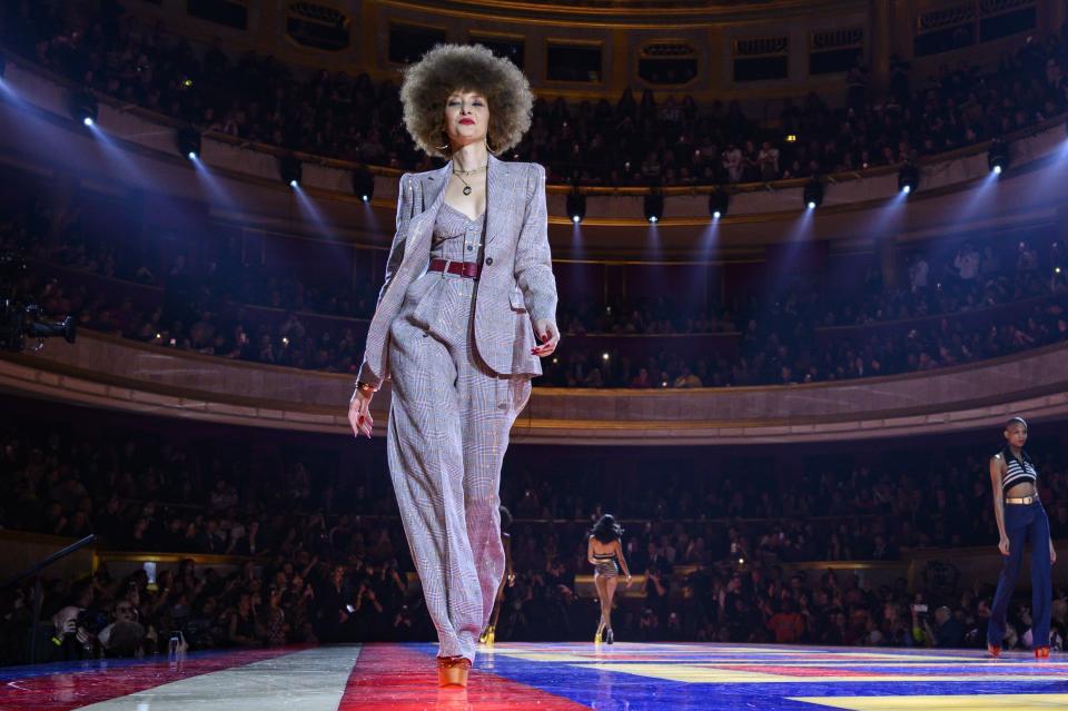 PARIS, FRANCE - MARCH 02: A model walks the runway during the Tommy Hilfiger TOMMYNOW Spring 2019 : TommyXZendaya Premieres at Theatre des Champs-Elysees on March 02, 2019 in Paris, France. (Photo by Peter White/FilmMagic)