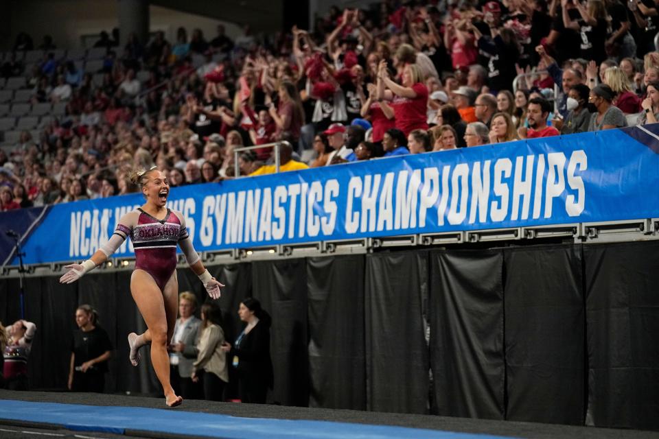 OU's Olivia Trautman celebrates after competing in the vault during the semifinals of the NCAA women's gymnastics championships Thursday in Fort Worth, Texas.