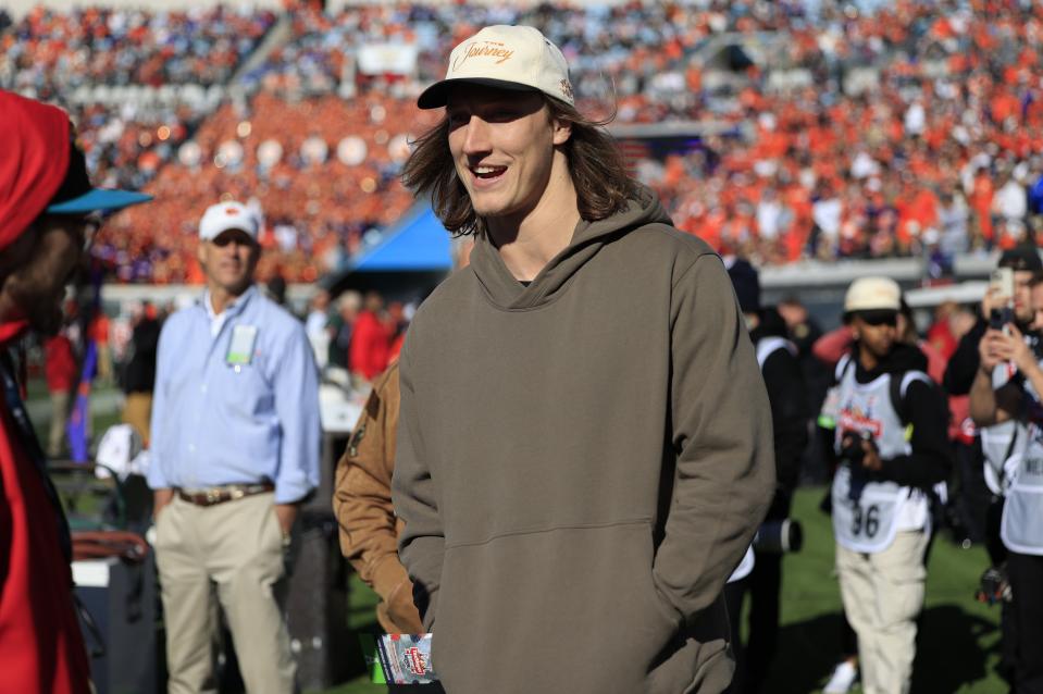 Jacksonville Jaguars quarterback Trevor Lawrence talks on the Clemson sideline during the third quarter of an NCAA football matchup in the TaxSlayer Gator Bowl Friday, Dec. 29, 2023 at EverBank Stadium in Jacksonville, Fla. The Clemson Tigers edged the Kentucky Wildcats 38-35. [Corey Perrine/Florida Times-Union]