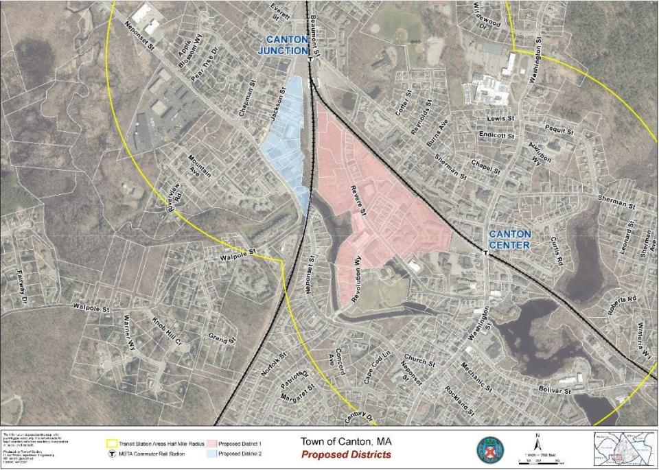 The town of Canton's MBTA multifamily housing zoning overlay district sits between the Canton Junction and Canton Center stations of the Providence/Stoughton commuter rail line.