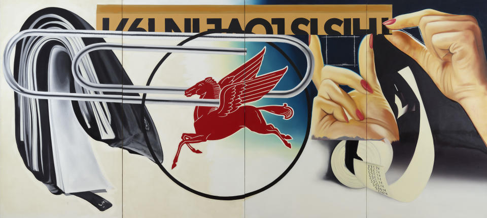 This image provided by the Dallas Museum of Art shows James Rosenquist's 1973 work titled "Paper Clip." Five museums say they are organizing the largest outdoor art show to showcase American art nationwide this summer. Beginning Monday, April 7, 2014, curators are asking the public to vote online to choose which artwork will be featured on 50,000 displays for the “Art Everywhere” initiative in August. Members of the Outdoor Advertising Association of America are donating the space. (AP Photo/Dallas Museum of Art)