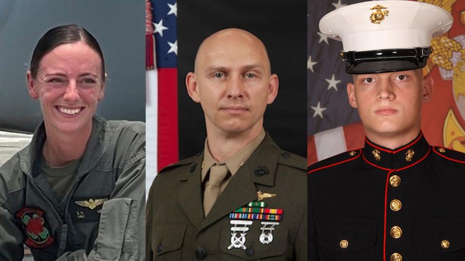 From left to right: Capt. Eleanor V. LeBeau, 29; Maj. Tobin J. Lewis, 37; and Cpl. Spencer R. Collart, 21, died in an MV-22 Osprey crash in Australia on Aug. 27, 2023. (Marine Corps)
