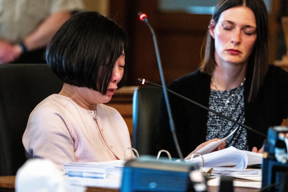 Gowun Park sits next to her attorney Gina Messamer during her sentencing hearing at the Dallas County Courthouse on Thursday.