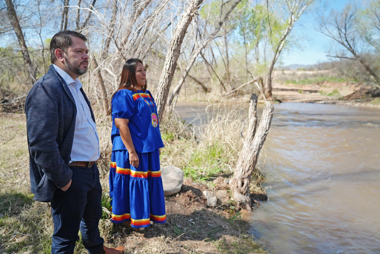 Rep. Ruben Gallego and Tanya Lewis, chairwoman of the Yavapai-Apache Nation Tribal Council, in Camp Verde, Ariz. (Alexander Tabet / NBC News)