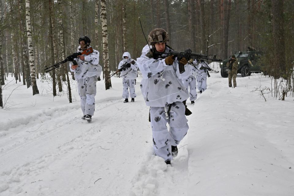 Ukrainian border guards patrol the Ukrainian-Belarusian border in Chernigiv region on January 23, 2024, amid Russian invasion in Ukraine.