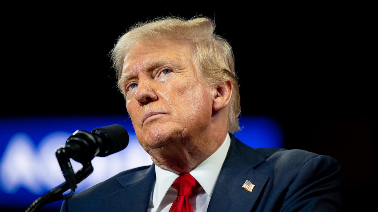 PHOTO: Republican Presidential nominee former President Donald Trump speaks to attendees during his campaign rally at the Bojangles Coliseum, on July 24, 2024, in Charlotte, North Carolina.  (Brandon Bell/Getty Images)