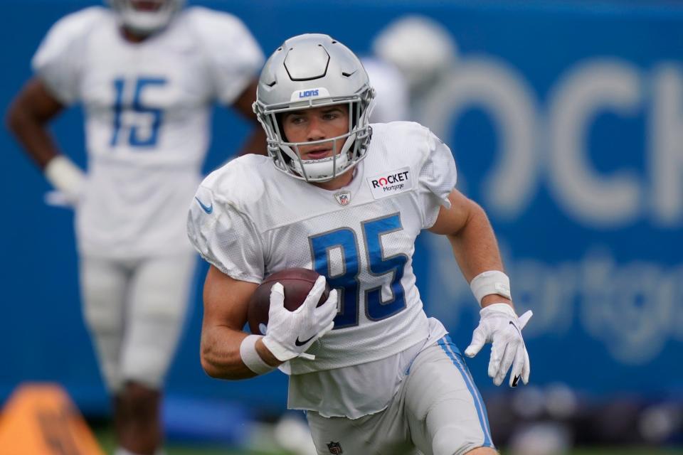 Detroit Lions receiver Tom Kennedy runs a drill at training camp, Saturday, Aug. 29, 2020, in Allen Park.