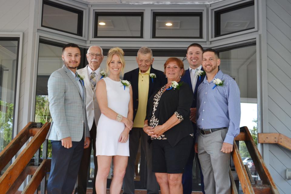 Fairhaven's Hall of Fame Class of 2023: (left to right) Brent Almeida, Alden Lumbard (representing his brother, the late Eliot Lumbard), Karin (Knutsen) Barrows, Coach Jim Lanagan, Carol (Renaud) Ryland (representing her brother, the late Ron Renaud), Keane Costa and Aaron Matteos. The late Raymond “Ray” Law is also a member of the induction class.