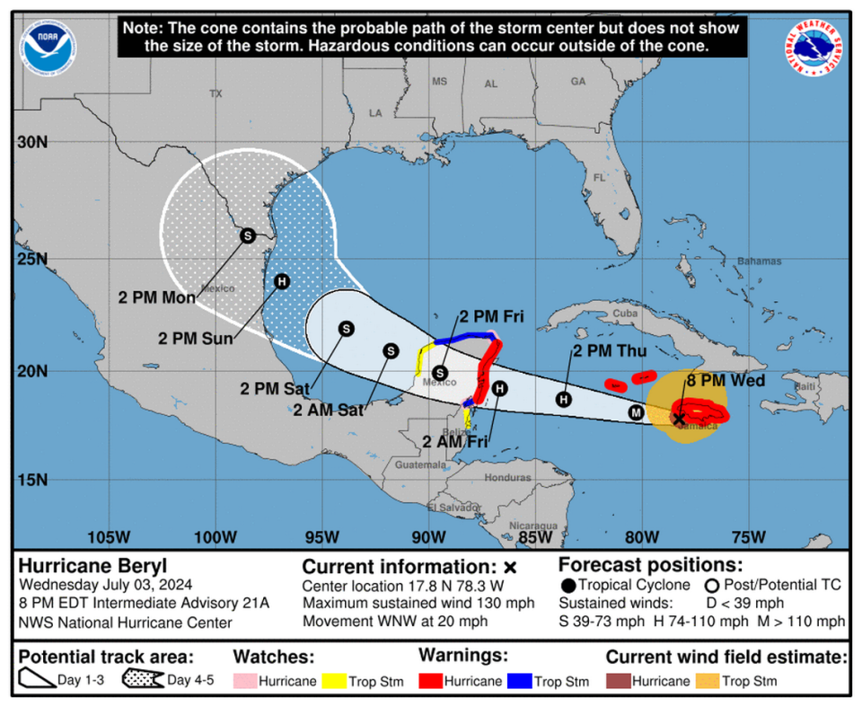 Hurricane Beryl’s trajectory as of 8 p.m. Wednesday