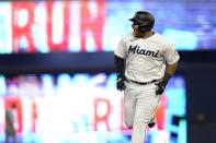 Miami Marlins' Jesus Aguilar runs the bases after hitting a solo home run against the Milwaukee Brewers during the fourth inning of a baseball game Saturday, May 14, 2022, in Miami. (AP Photo/Lynne Sladky)