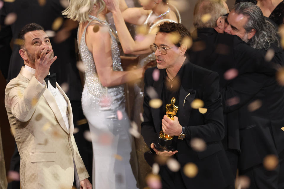 Jimmy Kimmel, Robert Downey Jr. and Hoyte van Hoytema at the 96th Annual Oscars held at Dolby Theatre on March 10, 2024 in Los Angeles, California. (Photo by Rich Polk/Variety via Getty Images)