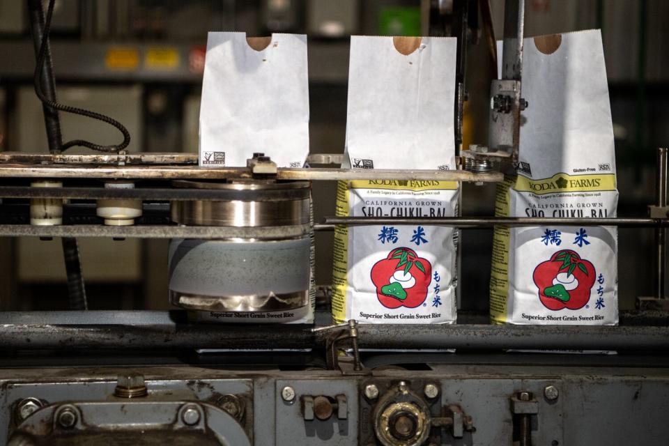 Rice packages are shown on a conveyor belt