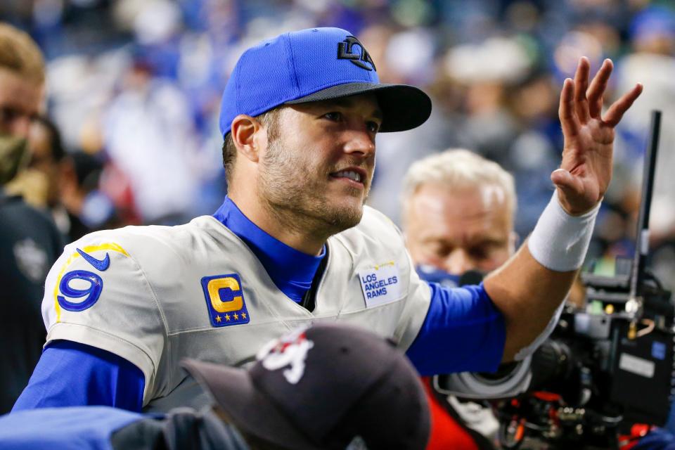 Los Angeles Rams quarterback Matthew Stafford following a 26-17 victory against the Seattle Seahawks in Seattle, Oct. 7, 2021.