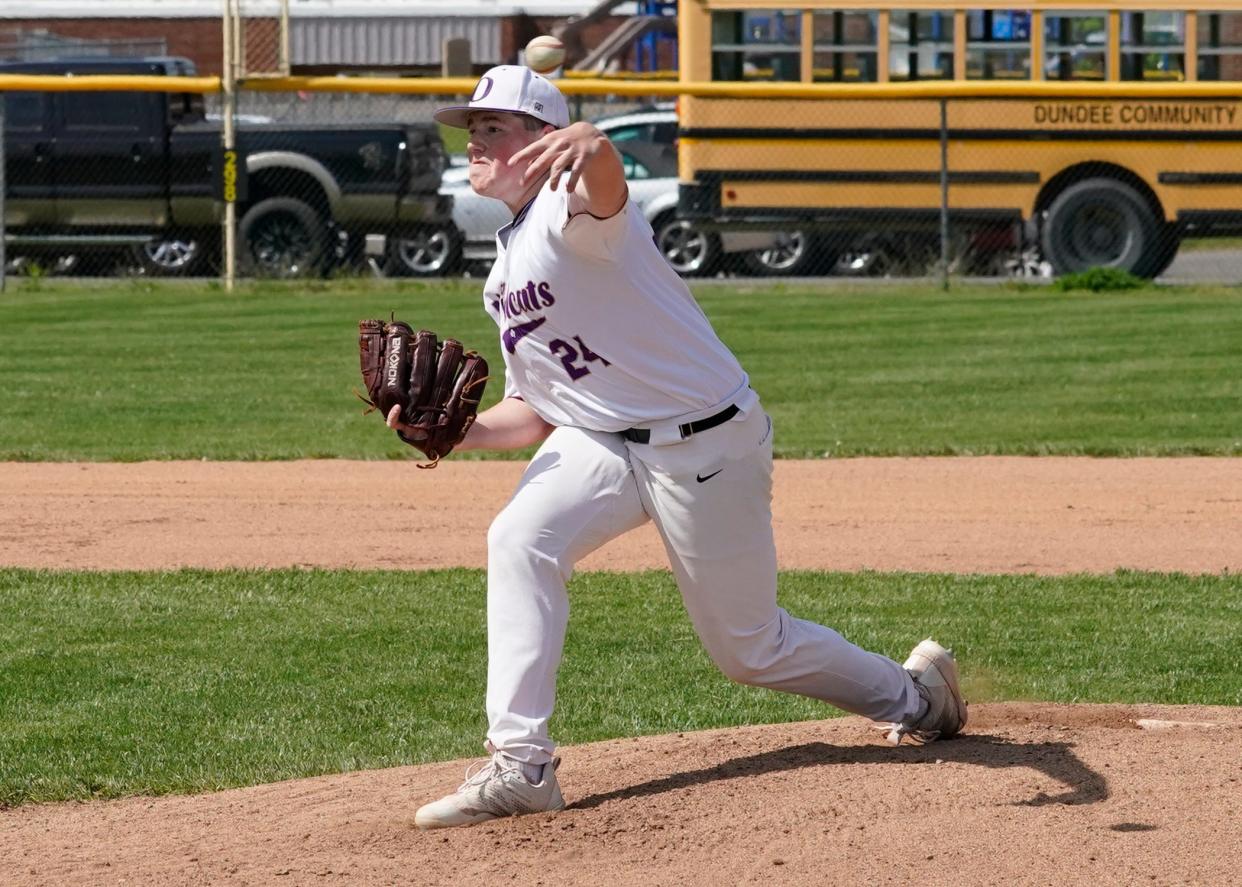 Onsted's Broc Shoemaker delivers a pitch during Tuesday's doubleheader against Clinton.