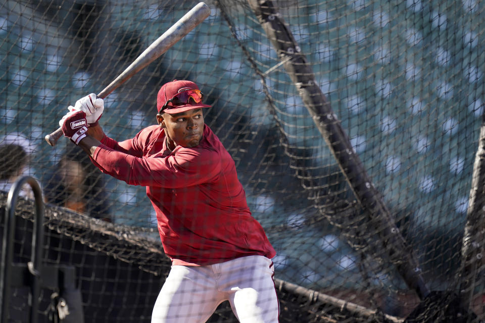 Arizona Diamondbacks' Stone Garrett waits for a pitch during batting practice before the team's baseball game against the San Francisco Giants in San Francisco, Wednesday, Aug. 17, 2022. (AP Photo/Godofredo A. Vásquez)