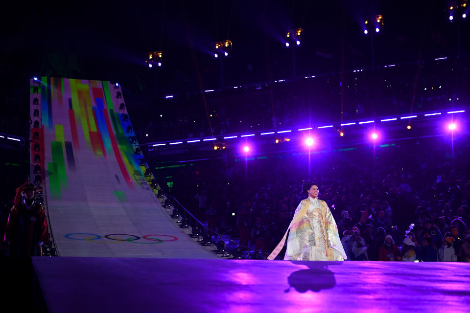 <p>Hwang Su-mi performs the Olympic Anthem during the Opening Ceremony of the PyeongChang 2018 Winter Olympic Games at PyeongChang Olympic Stadium on February 9, 2018 in Pyeongchang-gun, South Korea. (Photo by Quinn Rooney/Getty Images) </p>