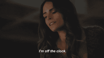 A woman saying "I'm off the clock"